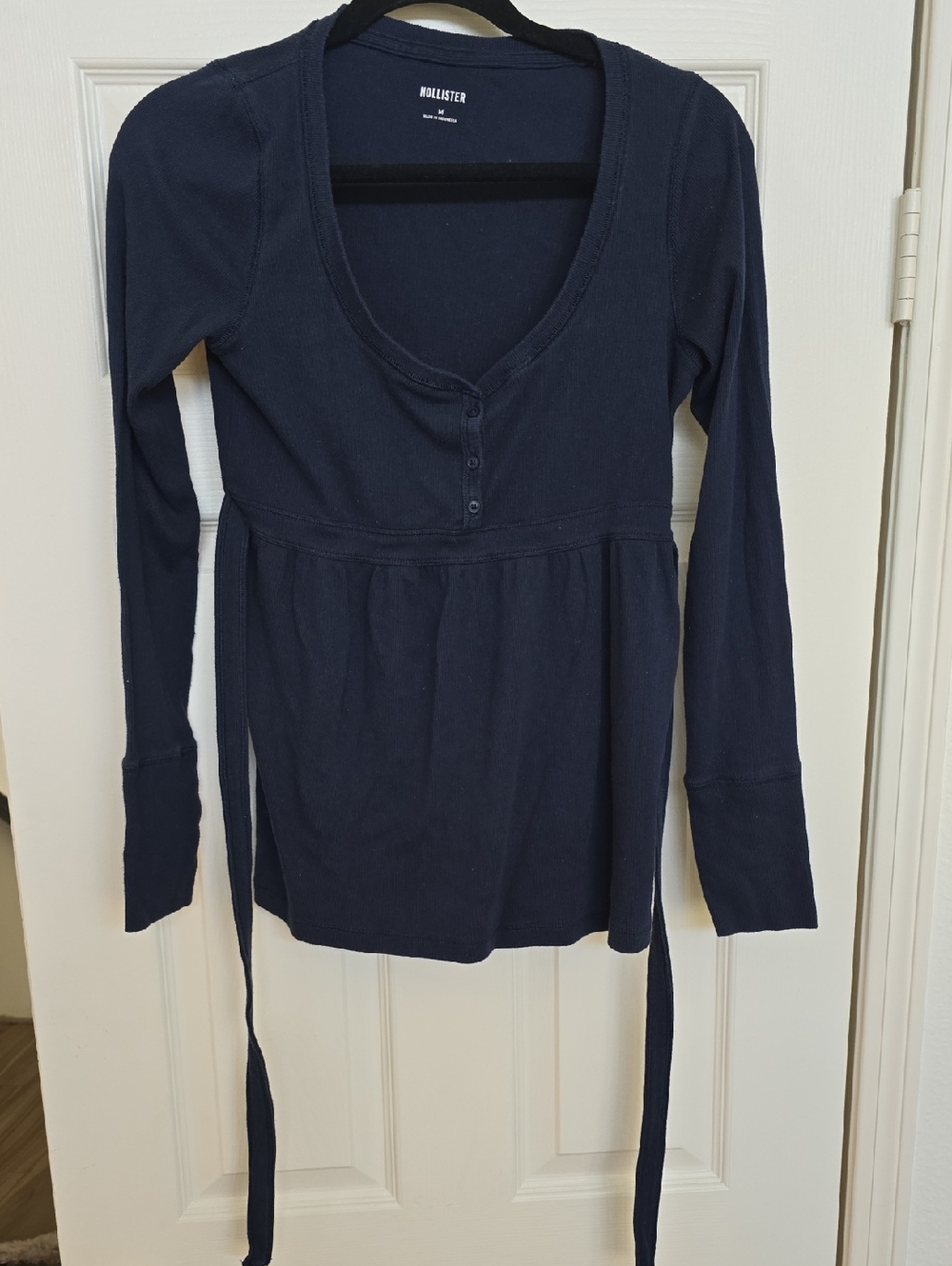 Hollister Dark Navy Scoop Neck Henley with Waist Ties